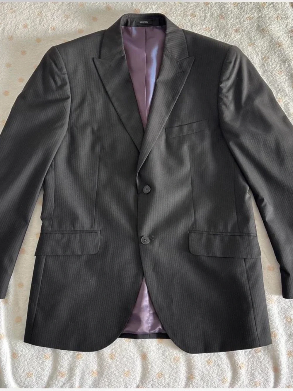 jf j.ferrar Men's Black Pinstripe Two-Button Suit Jacket with Purple Lining